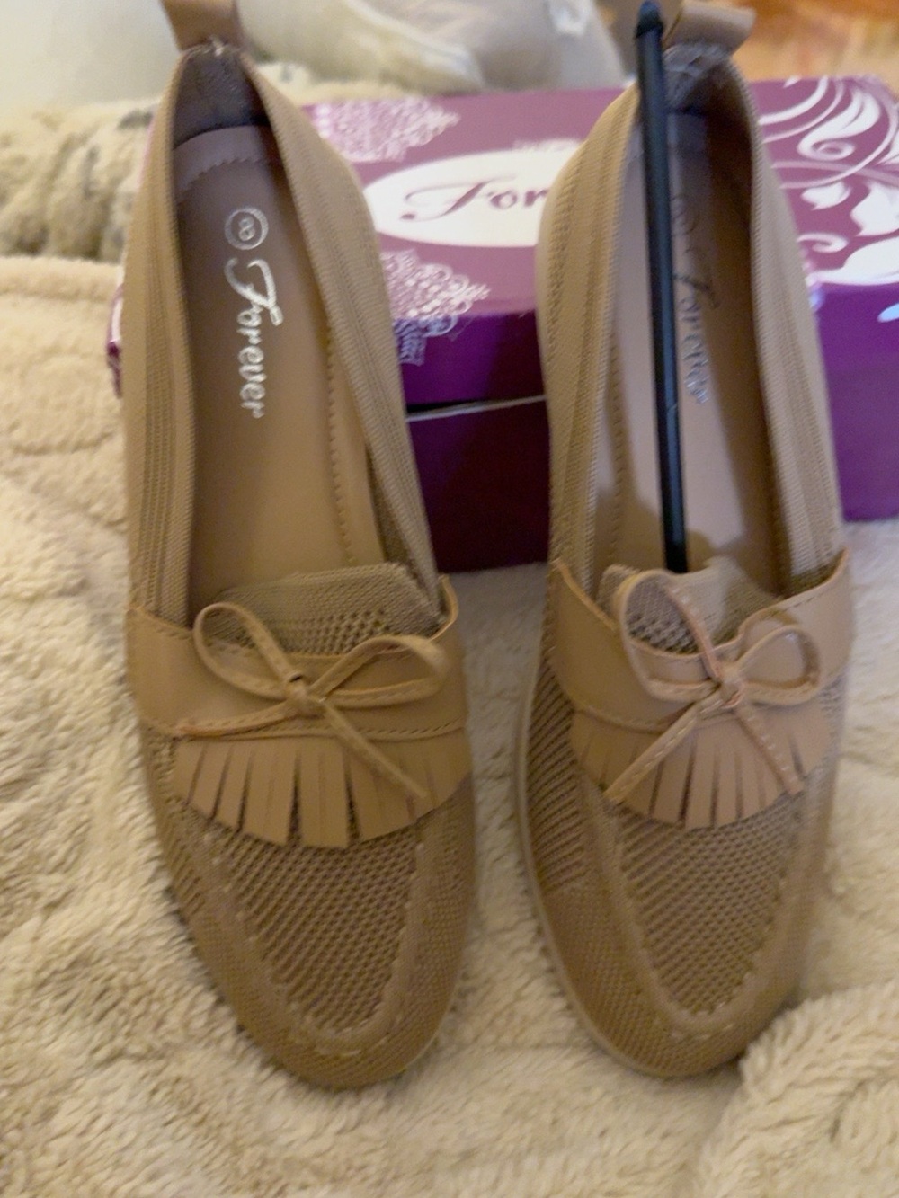 NEW Forever Taupe Knit Loafer Flats Size 8 Bow Fringe Violin-14